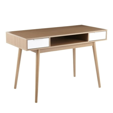 UPC: 0681144112684 | Pebble Contemporary Double Desk In Natural Wood With White Wood Drawers