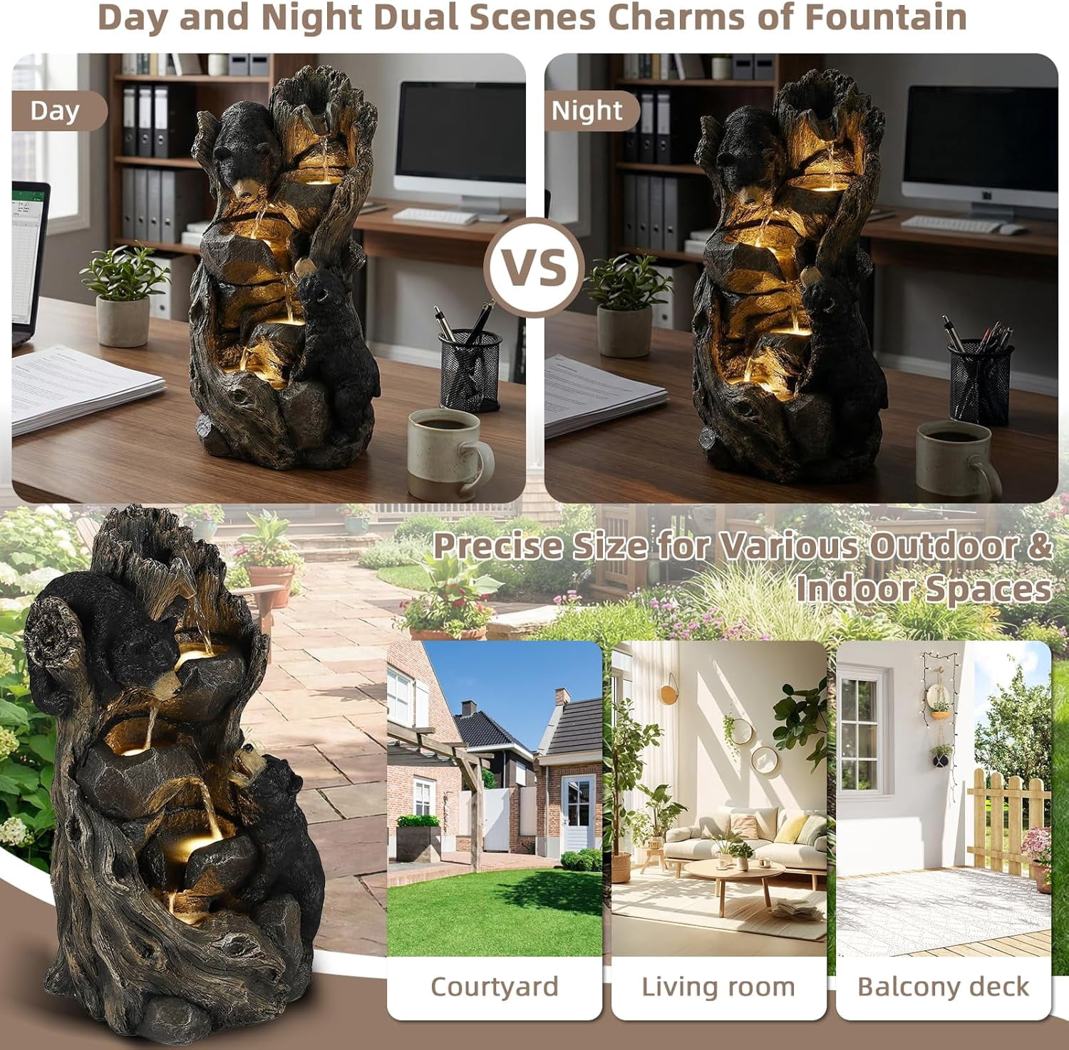 EPICOZY 23" H 5-Tier Outdoor Water Fountain, Realistic Black Bears Climbing Tree Waterfall Fountains with 4 LED Lights & Adjustable Flow, Resin Garden Water Feature for Farmhouse Patio Yard Deck