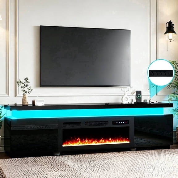JassmiPkwy 87.4" Fireplace TV Stand for TVs up to 75 Inches, 40-Inch ELectric Fireplace with Remote, with LED Lights and Power Outlet,Media Console Table for Living Room