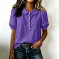 thumbnail image 6 of Comfortable Linen Shirt for Women Peter Pan Collar Short Bubble Sleeve Button Down Textured Casual Purple L, 6 of 8