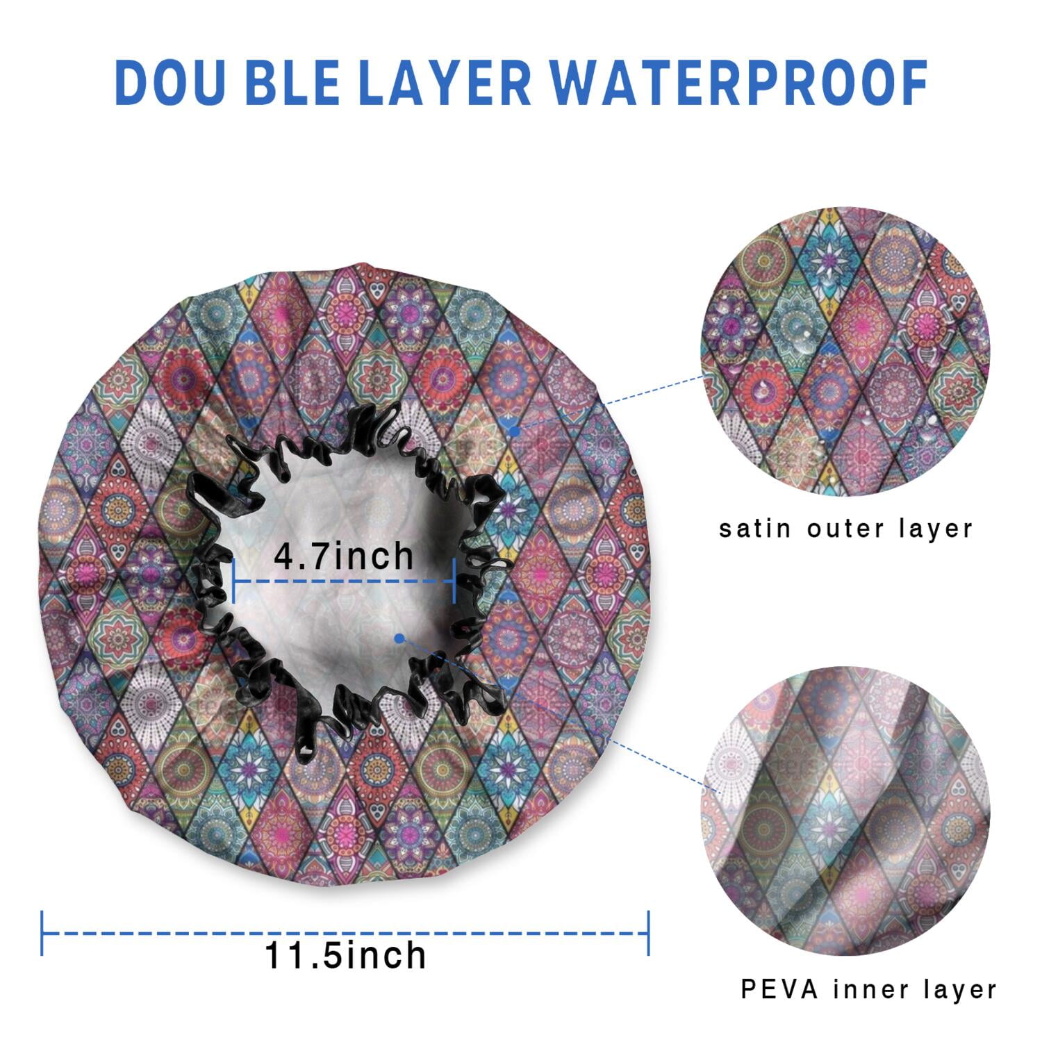 Shower Caps,Red Boho Ethnic Geometric Pattern Waterproof Shower Cap for Women 4 Pieces,Double Reusable Hair Cover for Shower PEVA Elastic Stretch Hem
