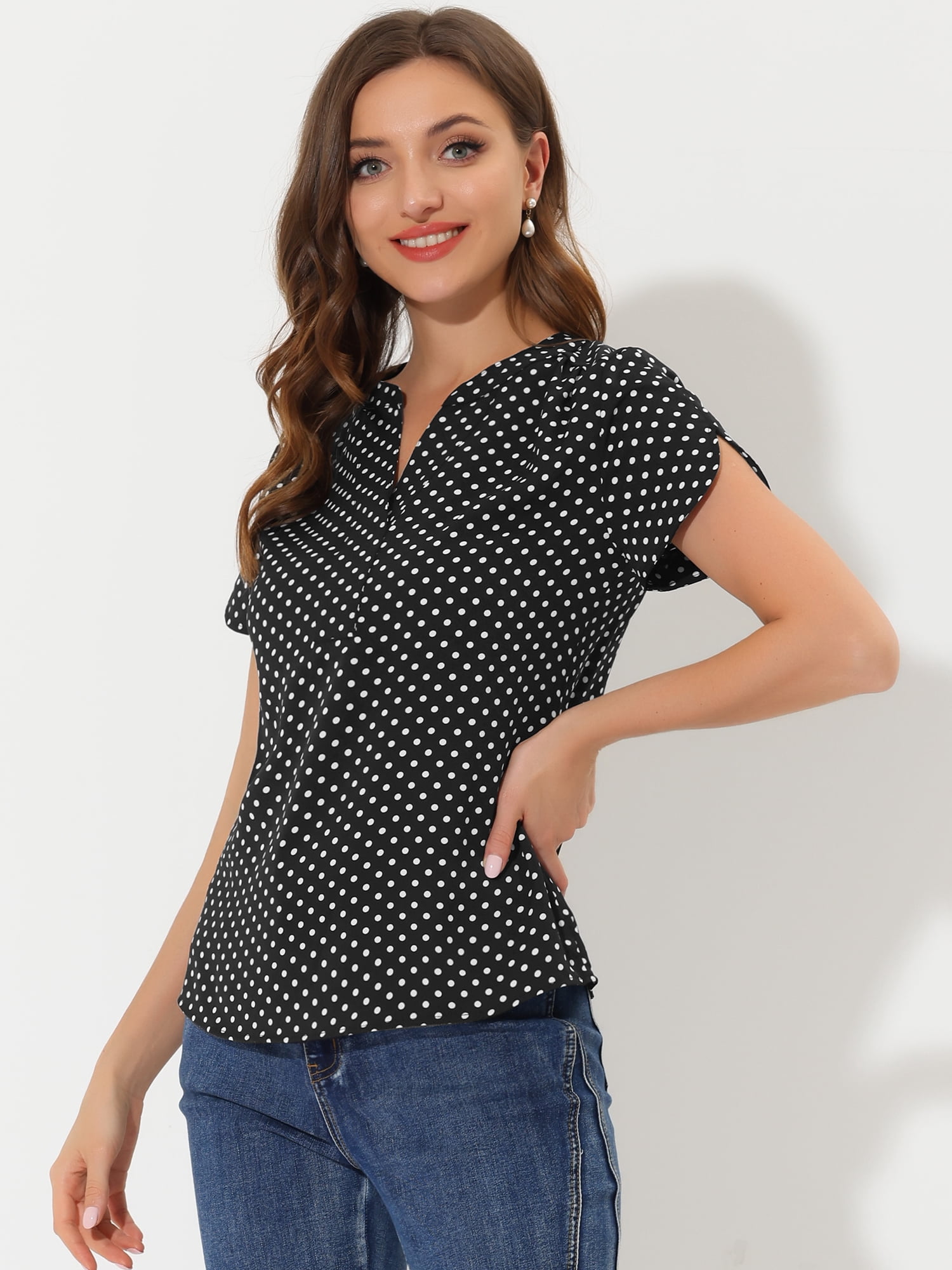 DARING DIVA V Neck Dots Printed Work Office Blouse Top M Black