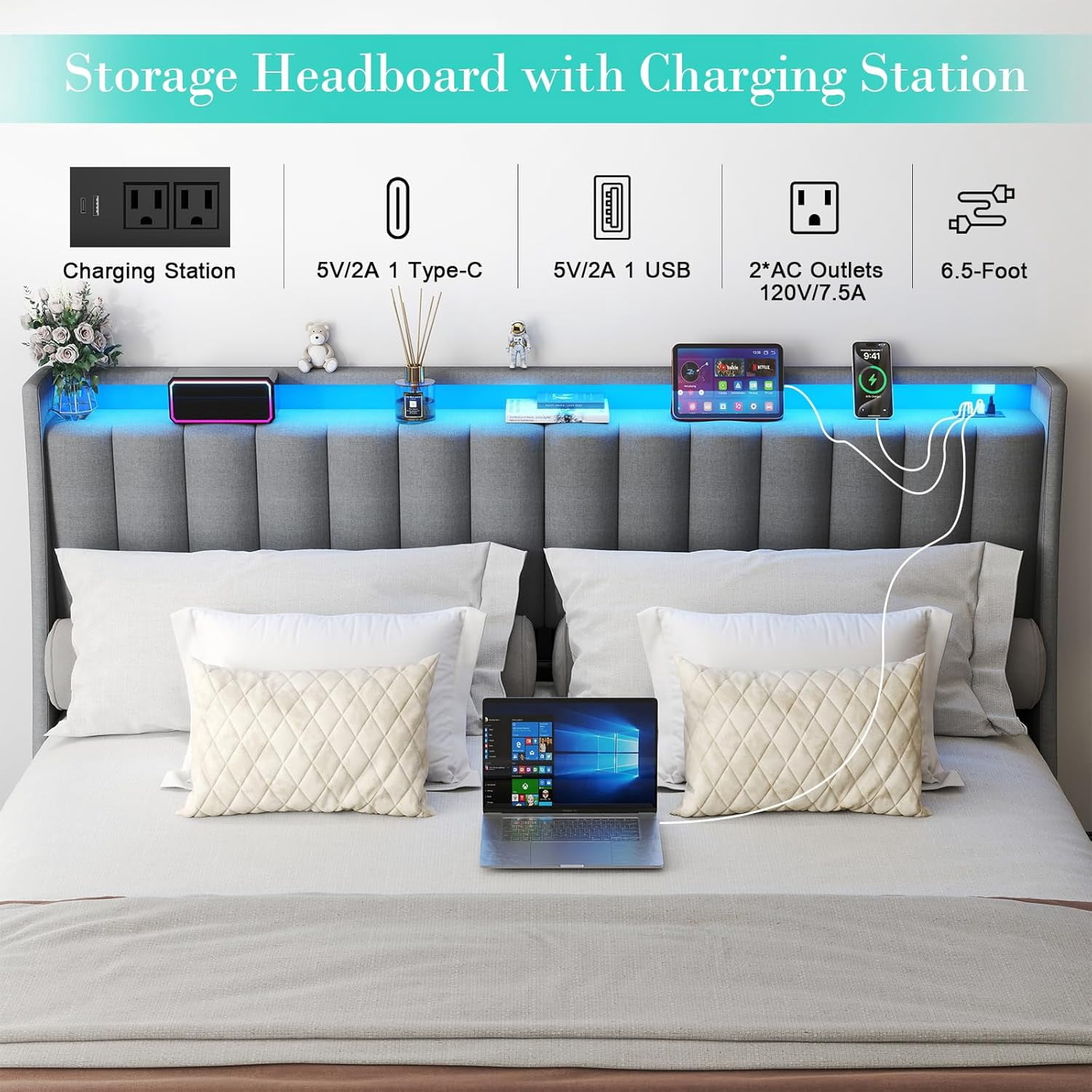 DRNANLIT Queen Bed Frame with 2 Storage Drawers, Platform Bed Frame Queen Size with LED Light, Upholstered Headboard, Charging Station, Steel Slat Support, No Box Spring Needed,Gray