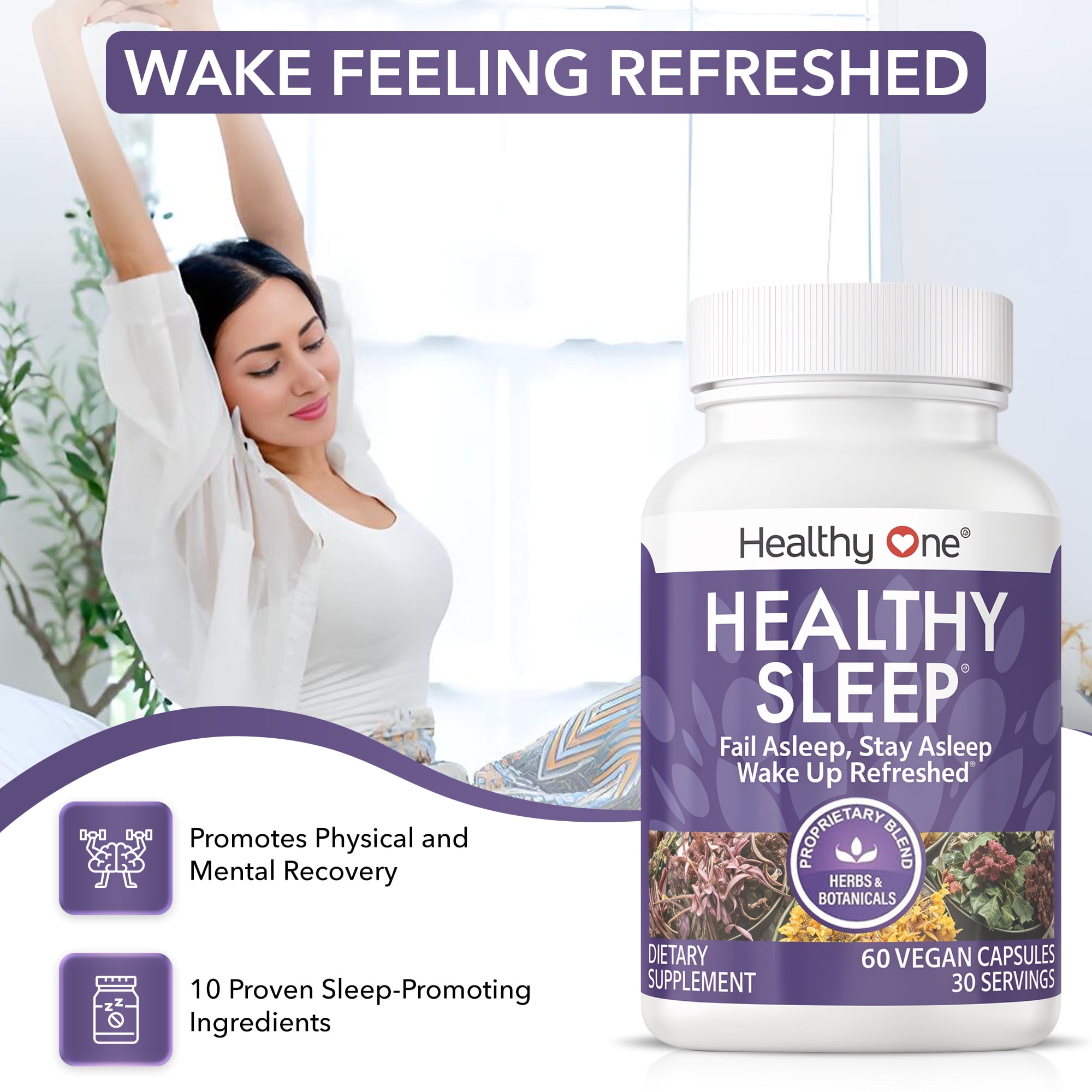 (6 pack) Healthy One Healthy Sleep Supplement, Melatonin, plus 9 other Ingredients. 60 Capsules