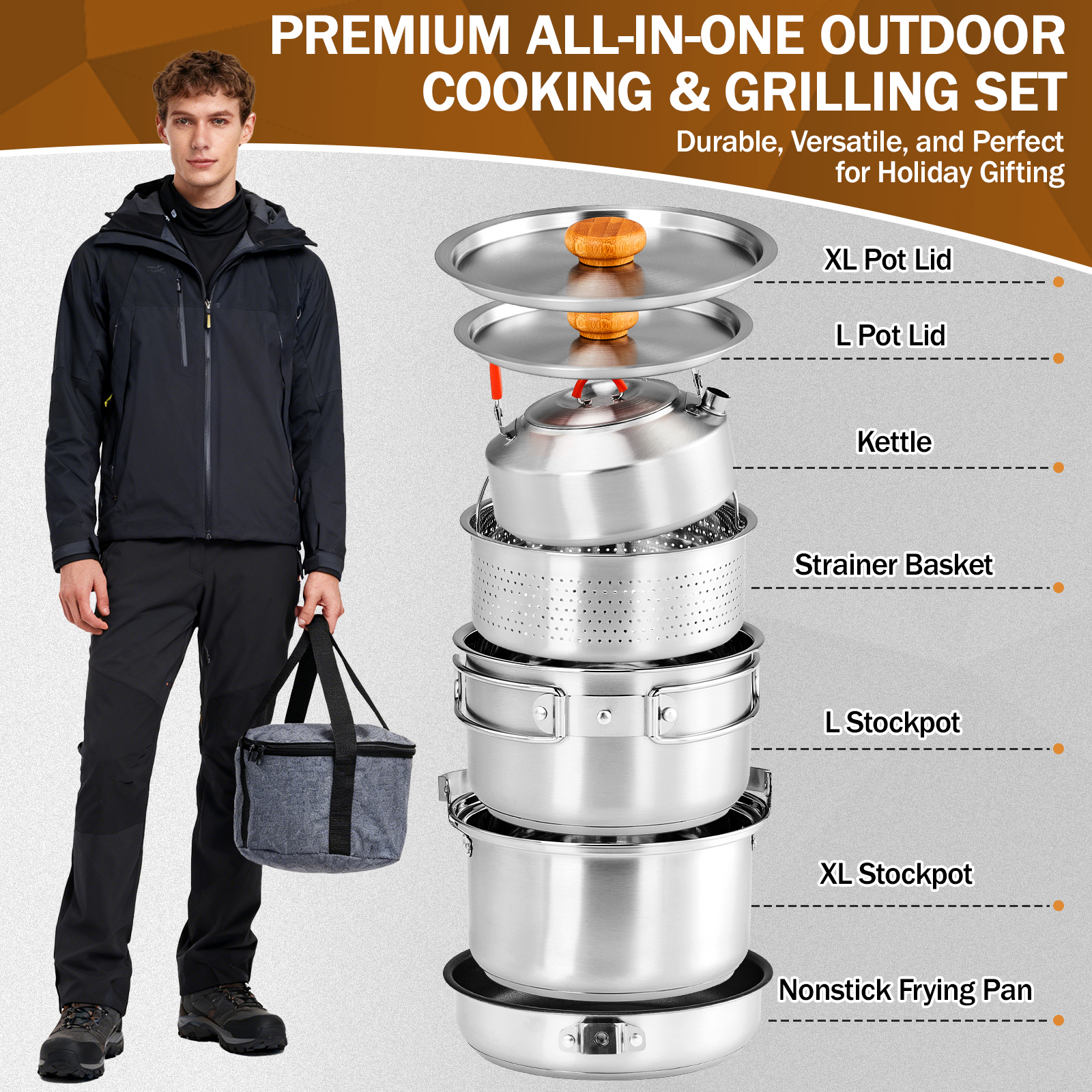 UBesGoo Camping Cookware Pot Set Outdoor Cooking Set w/ Pots,Fry Pan,Colander,Kettle,Lids