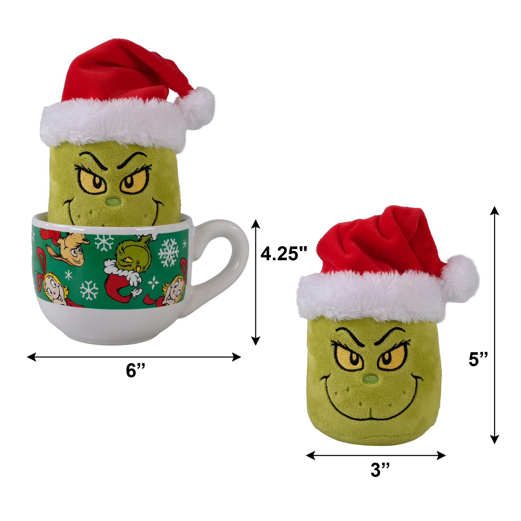 Dr. Seuss The Grinch Marshmallow Plush in Holiday Cappuccino Mug – Festive Green Mug with Character Artwork