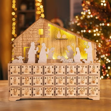 Herrklp Christmas 2022 Christmas LED Wooden Advent Calendar With 24 Drawers, 24 Days Countdown Lights Up DIY Advent Calendar Empty Box Christmas Holiday Decorations