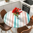 thumbnail image 2 of Coral Red Aqua Stripes Round Fitted Table Cover Minimalist Abstract Vertical Striped Waterproof Table Cloth with Elastic Edge Wipeable Tablecloth for Picnic Camping Party Fits 45"-54" Diameter, 2 of 8