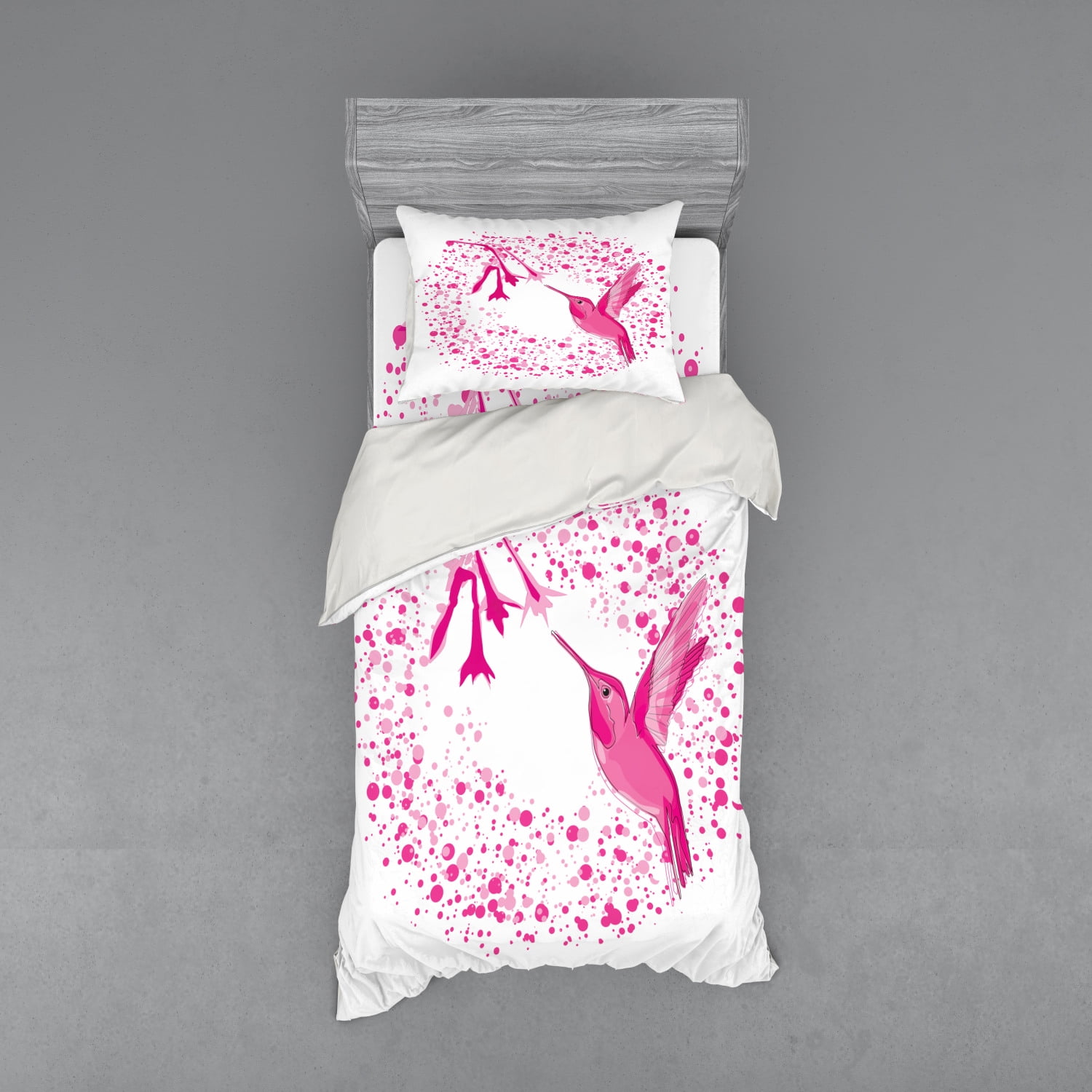 Hummingbird Duvet Cover Set, Hummingbird Flies to the Flower Polkadots