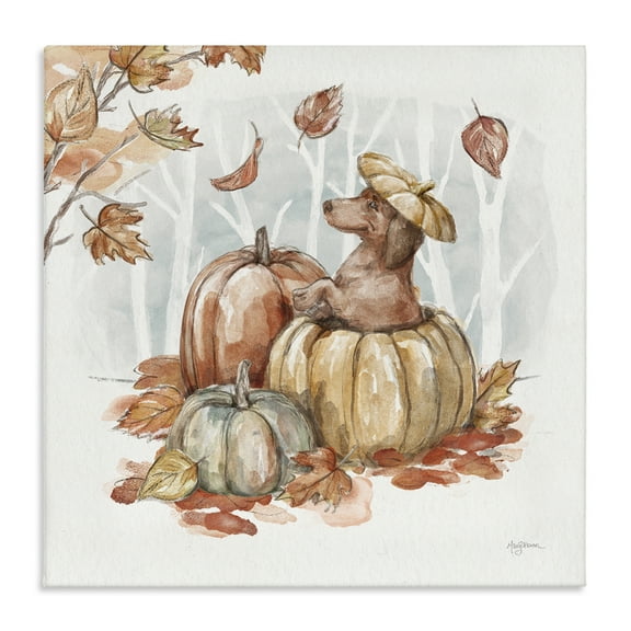 Stupell Industries Fun Dachshund & Pumpkin Holiday Painting Gallery Wrapped Canvas Art Prints Wall Art, 17 x 17