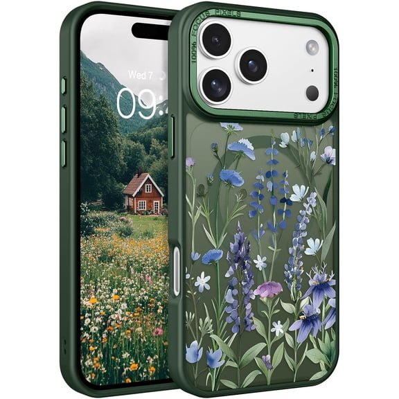Case for iPhone 17 Pro Max Case, Magnetic Phone Case for iPhone 17 Pro Max [Compatible with MagSafe] Slim Fit Flowers Floral Design Shockproof Protective Bumper Women Girls Cover, Spring-Green