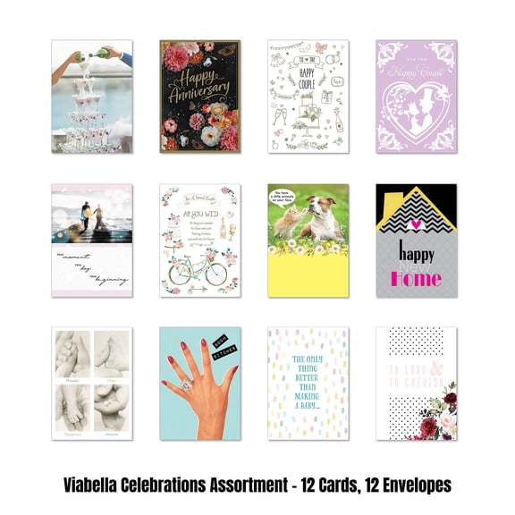 Viabella Celebrations Card Assortment - 12 Cards, 12 Envelopes
