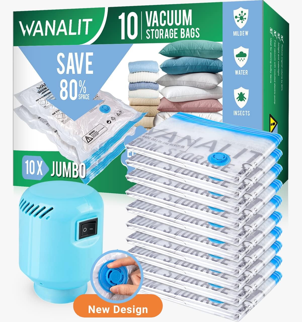 WANALIT Vacuum Storage Bags,15 Combo Space Saver Vacuum Storage Bags(3 Jumbo/3  Large/3 Medium/3 Small/3 Roll up), Airtight Vacuum Sealed Bags with  Electric Pump for Clothes Blankets and Comforters 