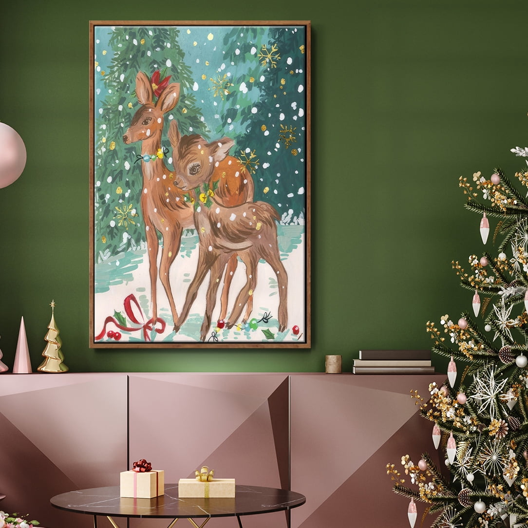 Doe and Fawn I - Framed Gallery Wrapped Holiday Canvas - 17 x 25 - Rosewood Frame
