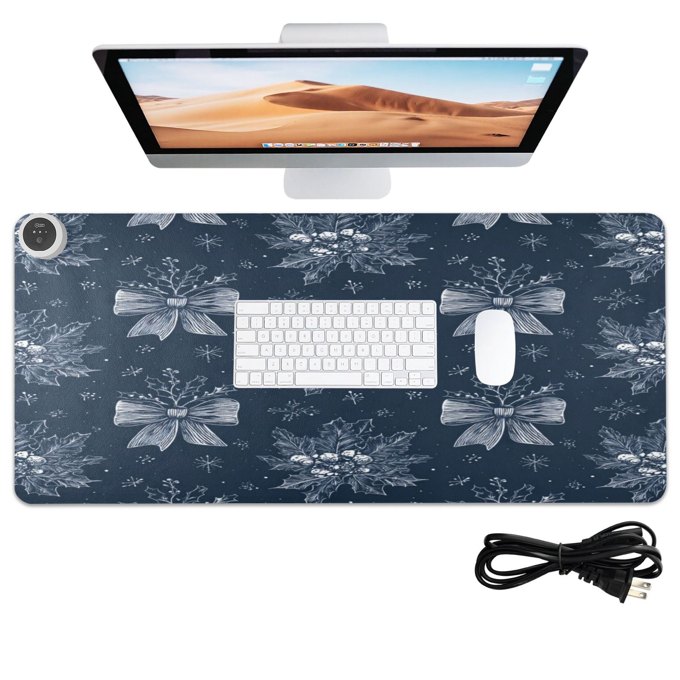 Large Heated Desk Mat Mouse Pad 31.5"x13"PU Leather Graphene Heating Desk Warmer with 3 Temperature Settings 110V US Plug Non-Slip Warm Pad for Home, Office, and Gaming Silver Christmas Bows Pattern