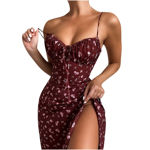 Leutsin Ladies Printed Slim Sleeveless Sling Strap Off Shoulder Open Back Dress