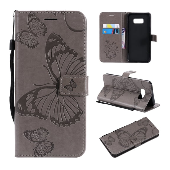 S8 Case, Samsung Galaxy S8 Case - Allytech Premium Wallet PU Leather with Fashion Embossed Floral Butterfly Magnetic Clasp Card Holders Flip Cover with Hand Strap, Gray