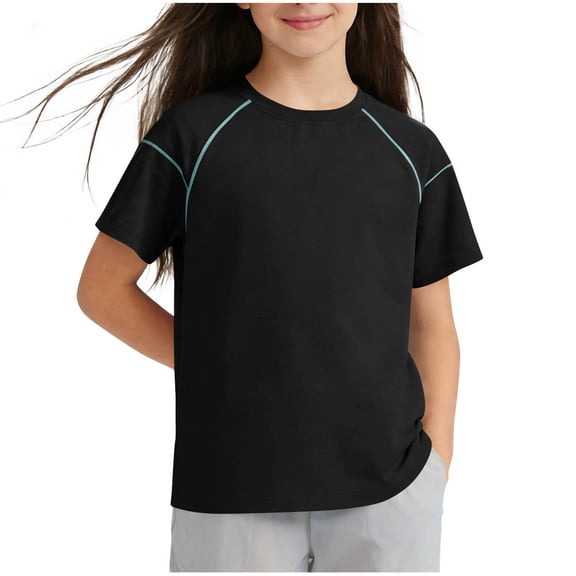 Amidoa Girls Short Sleeve Crewneck Summer T Shirts Cotton Casual Kids Tops Black Size 13