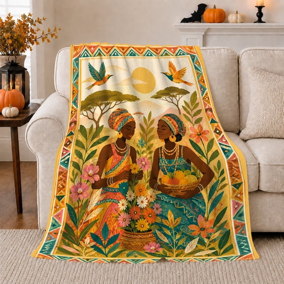 African Inspired Women with Flowers and Birds, Cheerful Folk Art Garden Motif for Art Lovers, Mother's Day Gift, Cozy Flannel Blanket for Bedroom and Sunroom, Artistic Home Decor