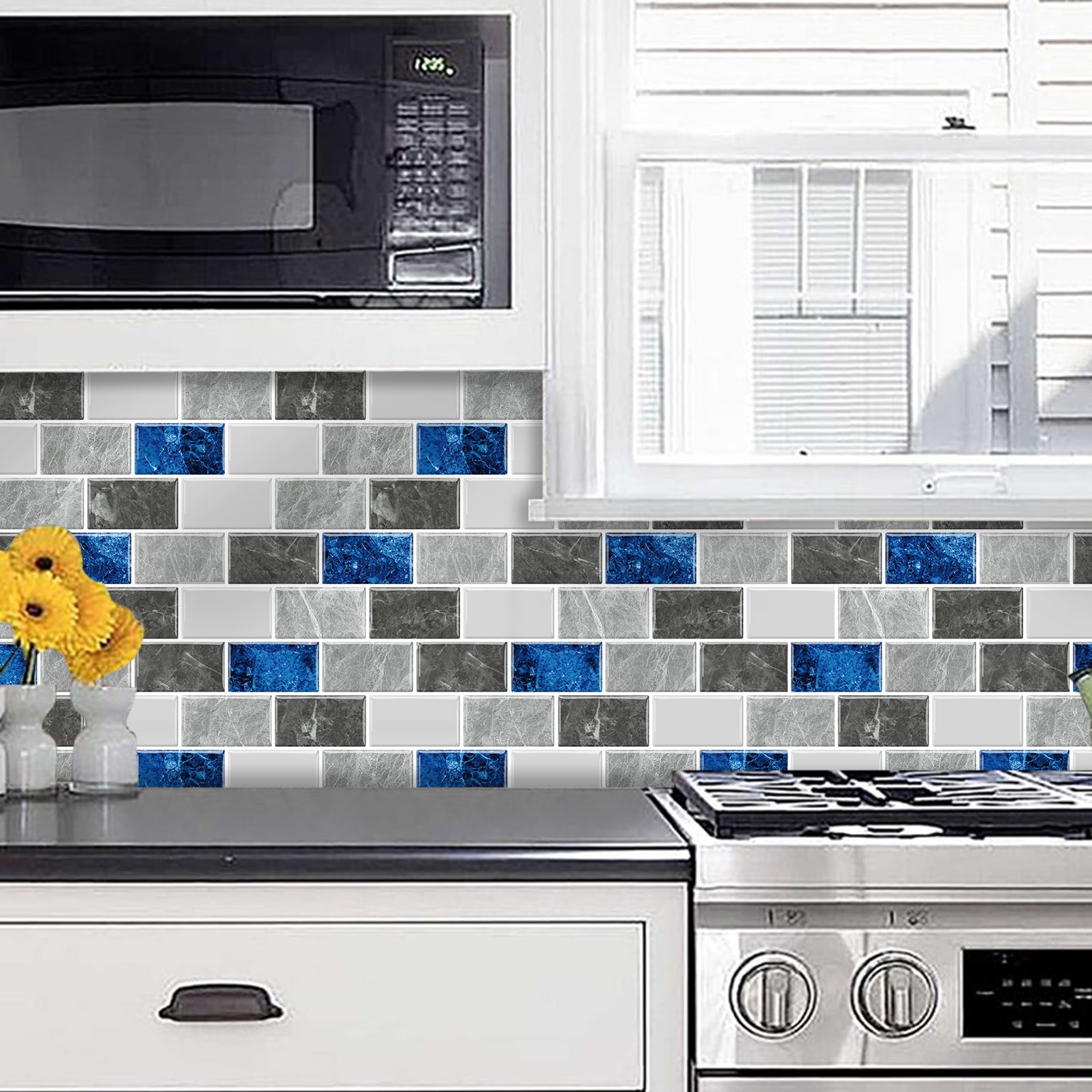 DEWOO Peel and Stick Backsplash - 10 Sheets of 12"×12" - 3D Adhesive Peel and Stick Tile Backsplash for Kitchen, Bathroom, Wall Tile, Blue Gray