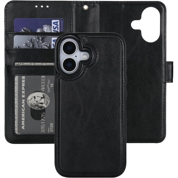 Detachable Wallet Case for iPhone 17 RFID Blocking Card Slots Holder Premium PU Leather Magnetic Kickstand Shockproof Wrist Strap Removable Flip Protective Cover 5G 6.3 inch (Black)