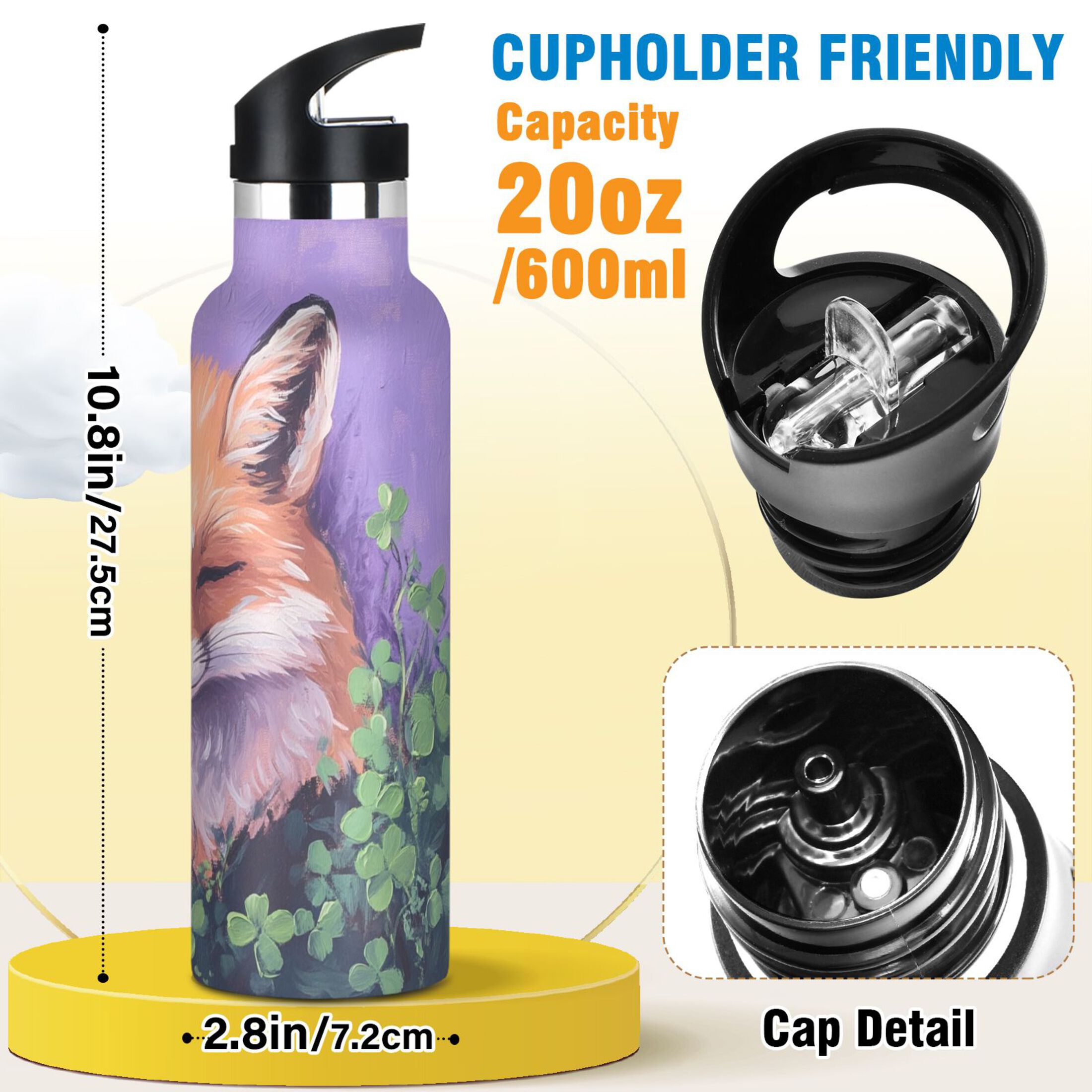 600ML Stainless Steel Insulated Cup Sports Water Bottle Portable Thermos Cup Water Glasses Insulated Tumblers Convenient and Durable Sleeping Fox