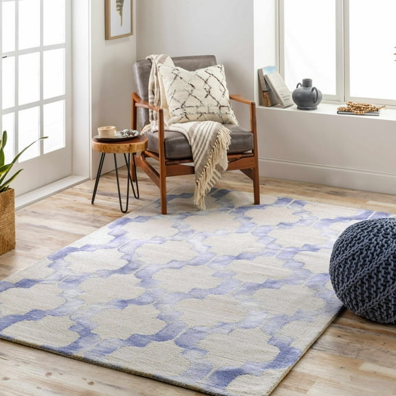 Hauteloom Libby Wool Living Room, Bedroom Area Rug - Bohemian, Transitional - Denim, Navy, Light Gray - 2' x 3'
