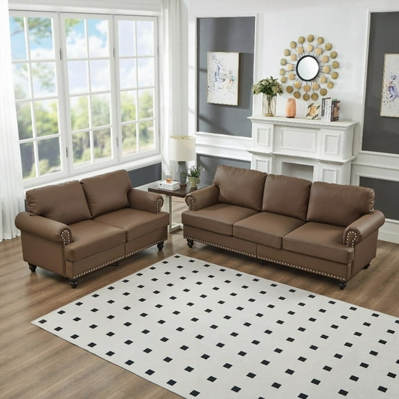 The Living Room 2 3 Seater Loveseat & Sofa in Modern Classic Design, Leather with Nails, Brown Imitation Cowhide
