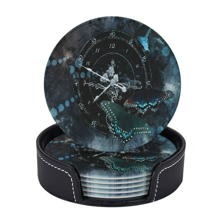 

Butterfly Clock Coasters With Leather Holder Set Of 6 Round Coasters for Home and Kitchen Decor