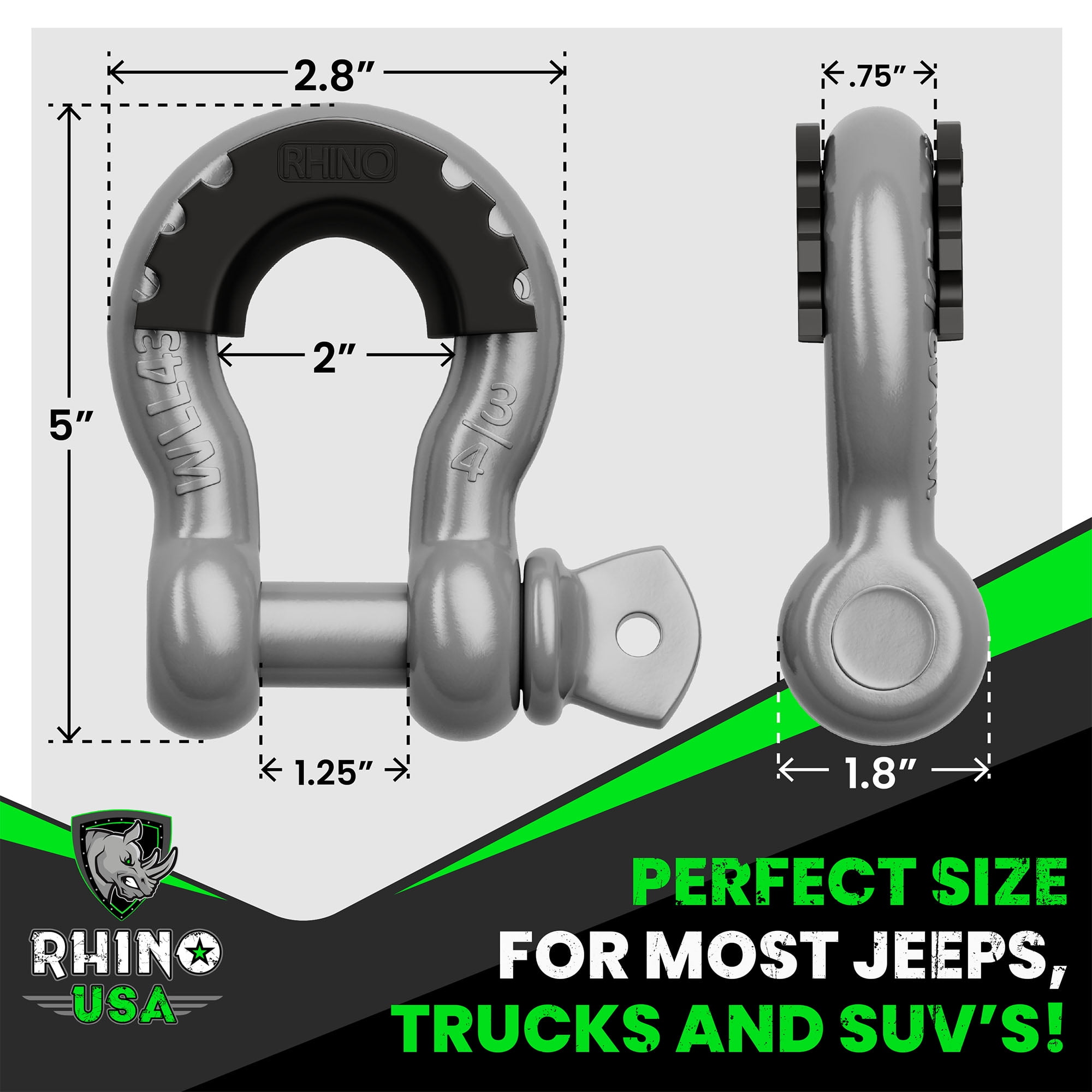 Rhino USA D Ring Shackles (2pc) - 41,850lb Break Strength - 3/4" Clevis Shackle w/ 7/8 Pin (Silver)