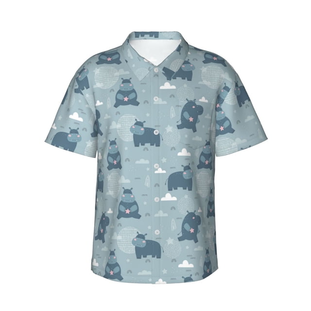 Fotbe Cute Hippopotamus Camisa Hawaiana para Hombre Unisex – Camisa Casual de Verano con Botones de Manga Corta de Algodón y Lino,Small
