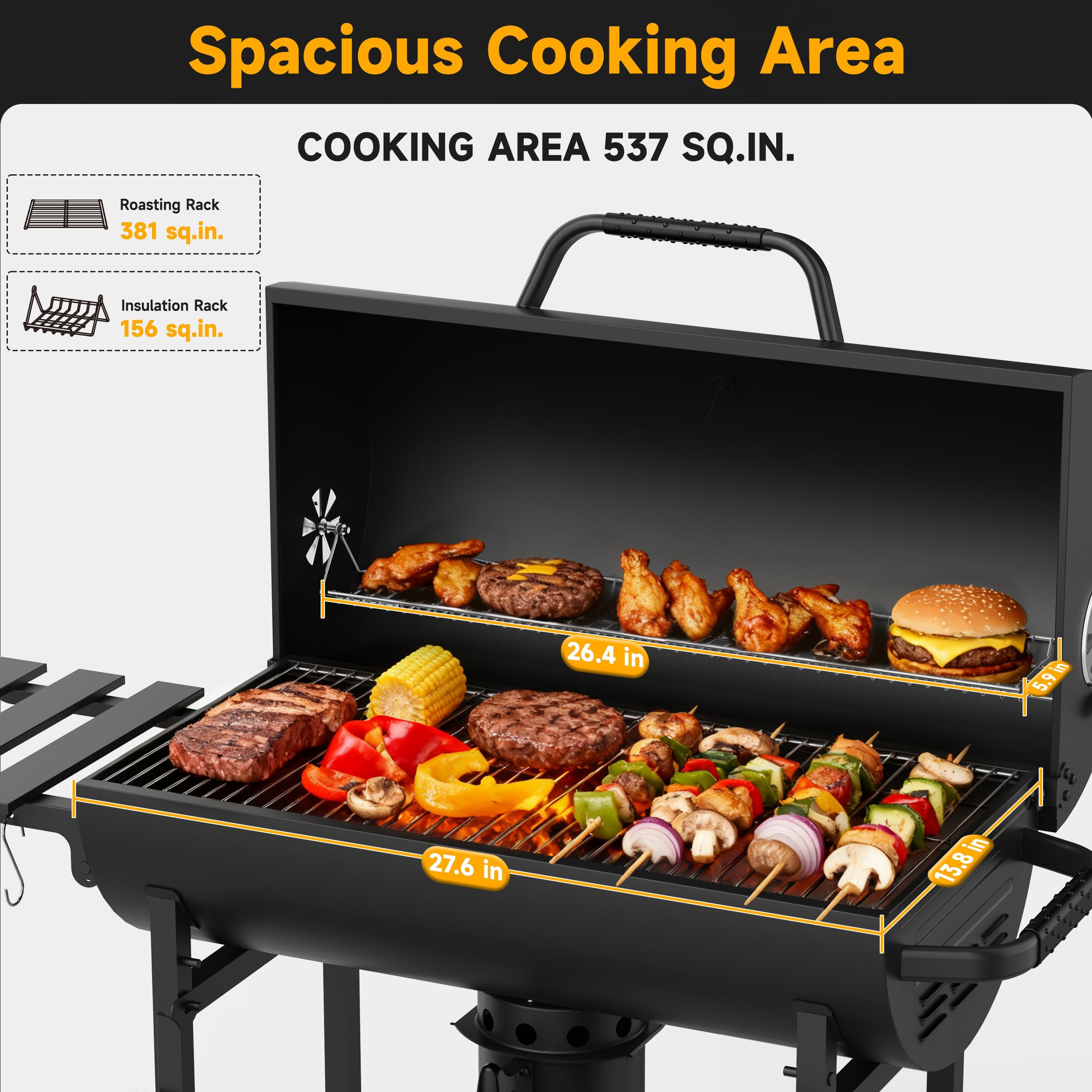 KOBENDA 29" Barrel Charcoal Grill with Foldable Side Table & Removable Ashtray for Backyard, Black