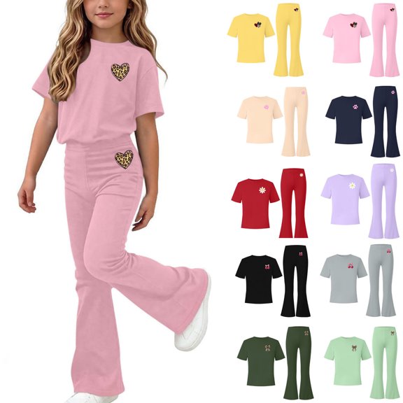 Girls 2 Piece Summer Outfits 2026 Fashion Casual Cute Graphic Print Set Crew Neck Short Sleeve High Waist Flared Pants (14-15Years, Pink|Heart)