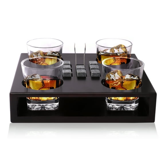 Bezrat Old Fashioned Whiskey Glasses Set -   8 Whisky Chilling Stones and accessories on Wooden Tray – 4 Scotch Bourbon Glasses – Granite Chilling Rocks