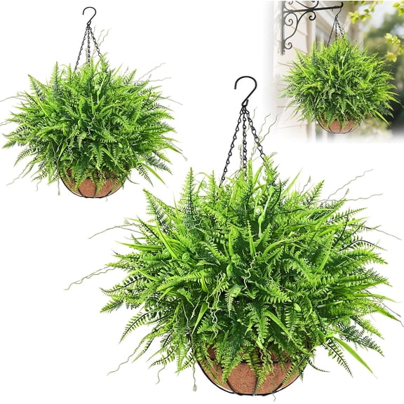 2 Pack Artificial Hanging Ferns for Outdoors, UV Resistant Fake Mixed Ferns with Hanging Baskets, Faux Ferns for Outdoor Planter for Garden, Spring Summer Decor for Home Front Porch Patio