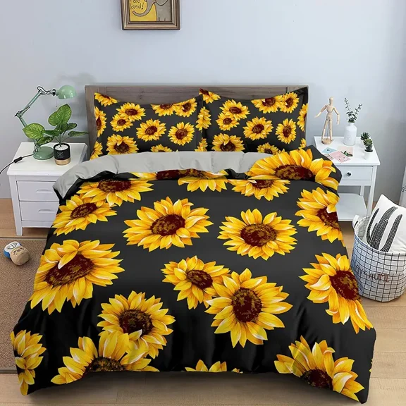 YJHDM Sunflower Bedding Set Flower Duvet Cover Pillowcase King Queen Quilt Cover for Women Girl