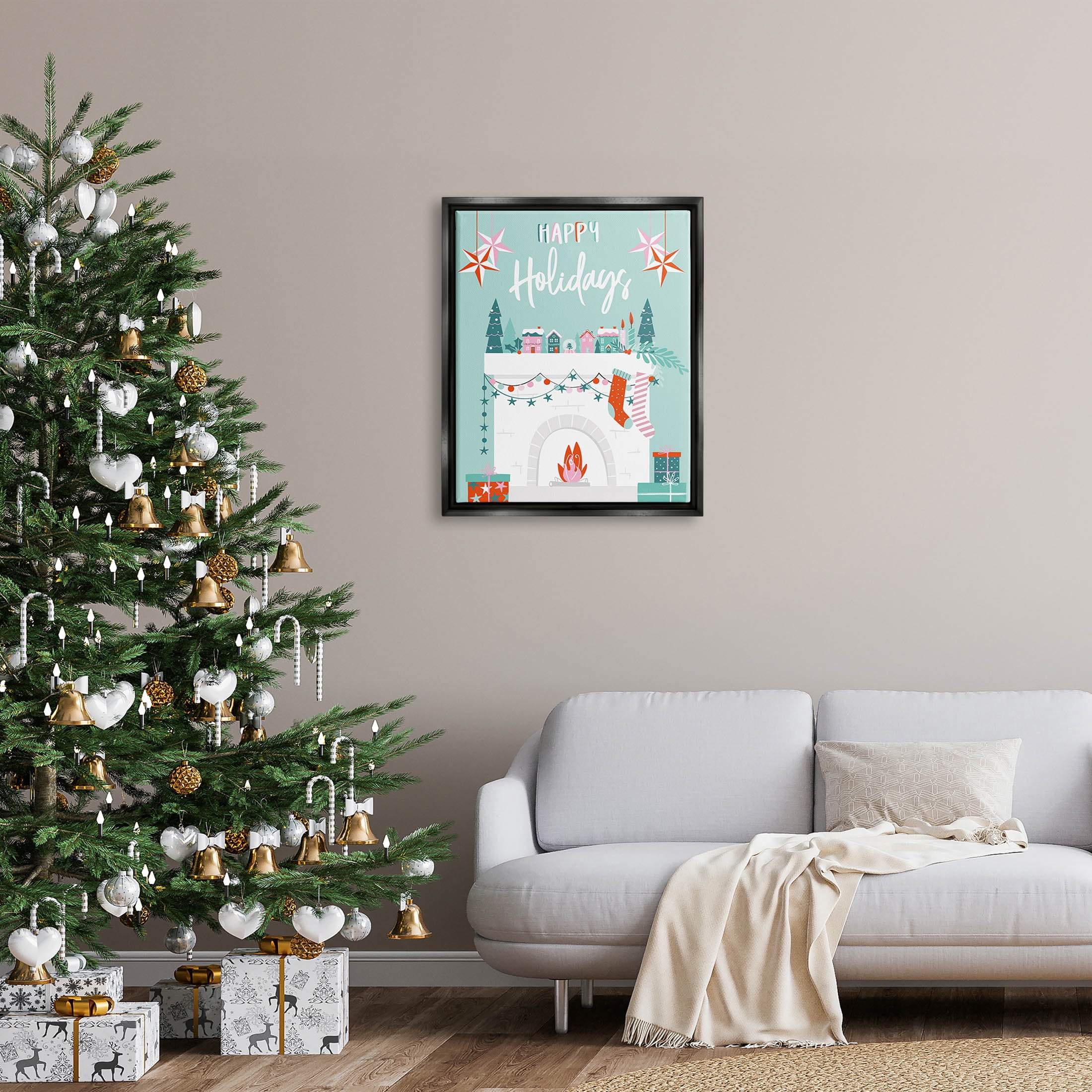 Happy Holidays Festive Mantle Stockings Holiday Graphic Art Jet Black Framed Art Print Wall Art