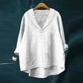 thumbnail image 2 of hotojiny Cotton Linen Shirt for Women Casual V Neck High Low Blouses Tops Beach Vaction Clothes Long Sleeve Rolled up Pullover, 2 of 3