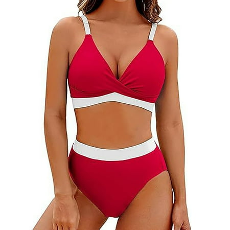 WMTBSRSW Women s Two Piece Bikini Athletic Swimsuit Color Block High Waisted Bathing Suits Cheeky Summer Beach Swimwear