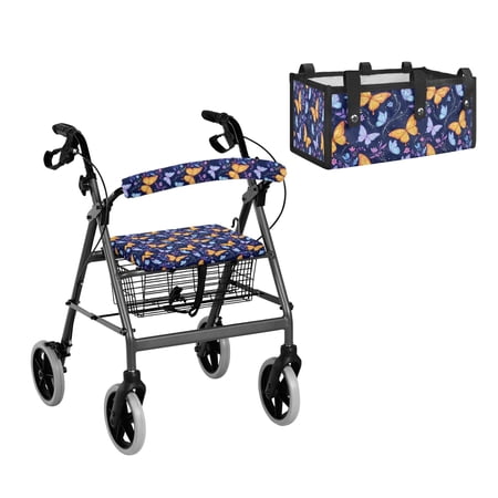 ZUXONGSY Rollator Walker 3 Pieces Accessory Combo, Butterfly Print Soft Seat Cover & Back Rest Protector + Under Seat Storage Basket, Washable Mobility Aid Attachments for Seniors