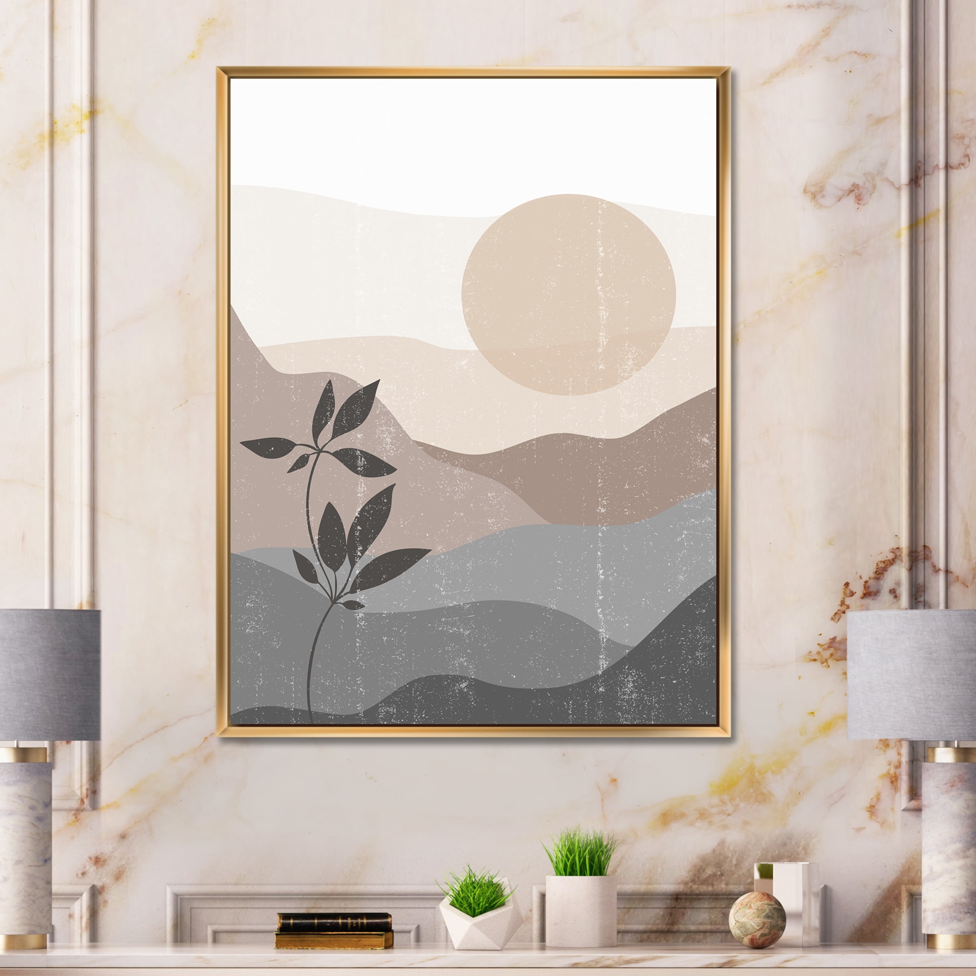 Designart 'Minimalist Sunset Over Mountain Landscape' Modern Framed Canvas Wall Art Print