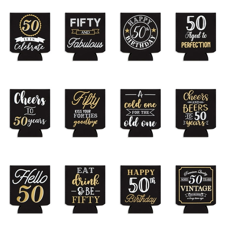 50th Birthday 12-Pack Can Cooler Sleeves, Cheers to 50 Years Party Favors (Black/Gold, 2.5x4 in) - Walmart.com 50th-birthday-12-pack-can-cooler-sleeves-cheers-to-50-years-party-favors-black-gold-2-5x4-in-walmart-com