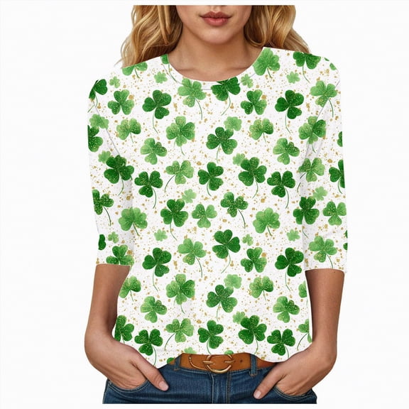 UngA St. Patricks Day Shirts for Women Lucky Shamrock 3/4 Sleeve Crew Neck T Shirt Saint Patricks Day Irish Graphic Tee Party Spring Tops,Size M
