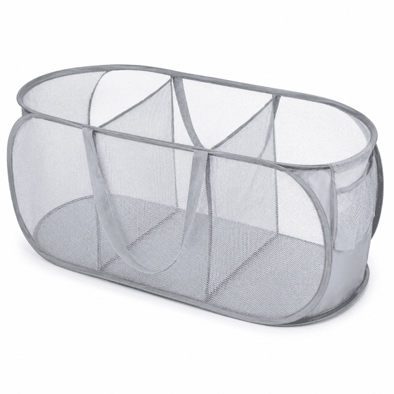 ABPETE Foldable Laundry Basket,Collapsible Mesh Laundry Hamper with 3 Compartments, Pop Up Clothes Hamper with Side Pocket and Handles for Dorm, Kids Room, Travel, Home(Grey)