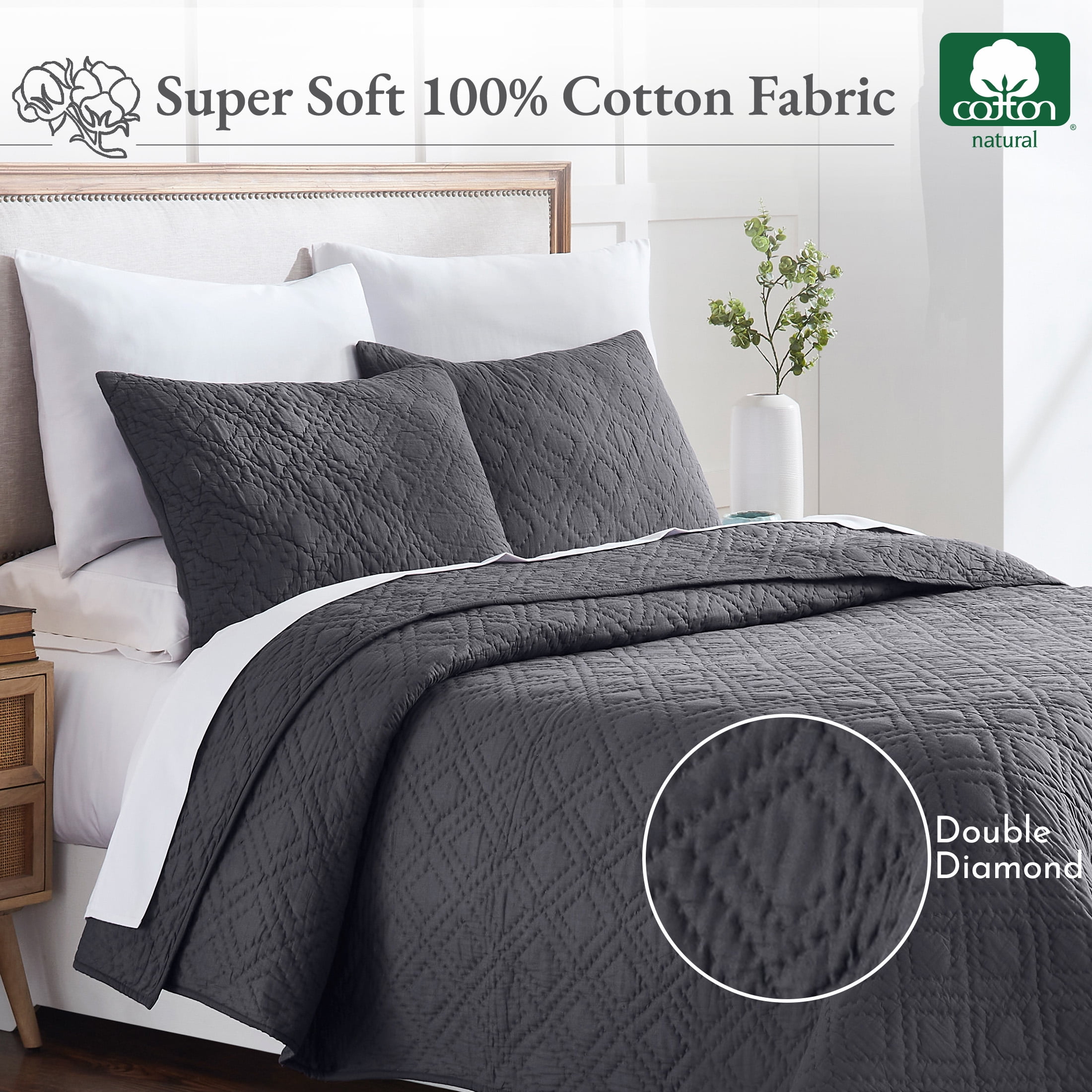 Soft 100% Cotton Hand-Quilted King Size Quilt Bedding Set, Pure