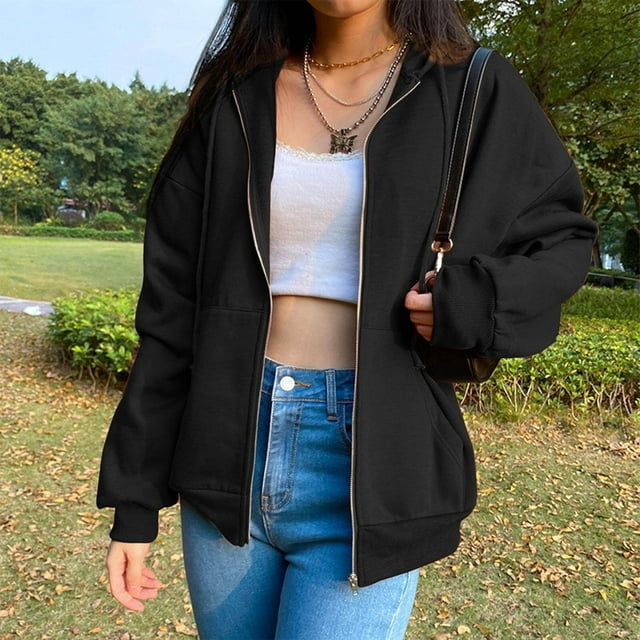 Sweat à Capuche Zippé en Coton Mélangé pour Femme, Veste à Capuche Ample Noire m