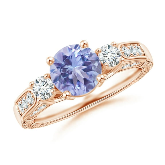 ANGARA Natural Three Stone Round 1.45 ct Tanzanite and Diamond Ring in 14K Rose Gold for Women (Size-7mm) | December Birthstone, Birthday, Anniversary, Jewelry Gift for Women | Natural Tanzanite Ring