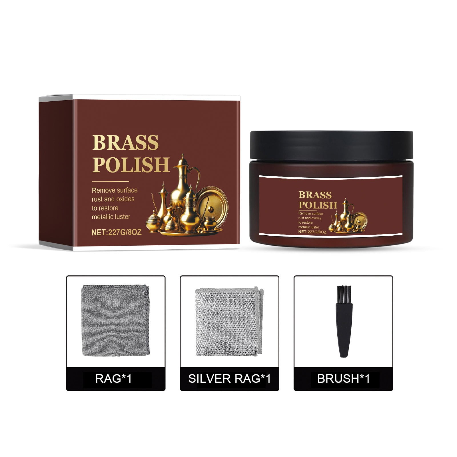 Shetay Brass Polish and Cleaner Kits,Removes Dirt, Does Not Scratch, and Maintains Shine, Copper Cleaner,Polishing Cloth, Free Rag & Silver Rag & Brush (1 pcs).
