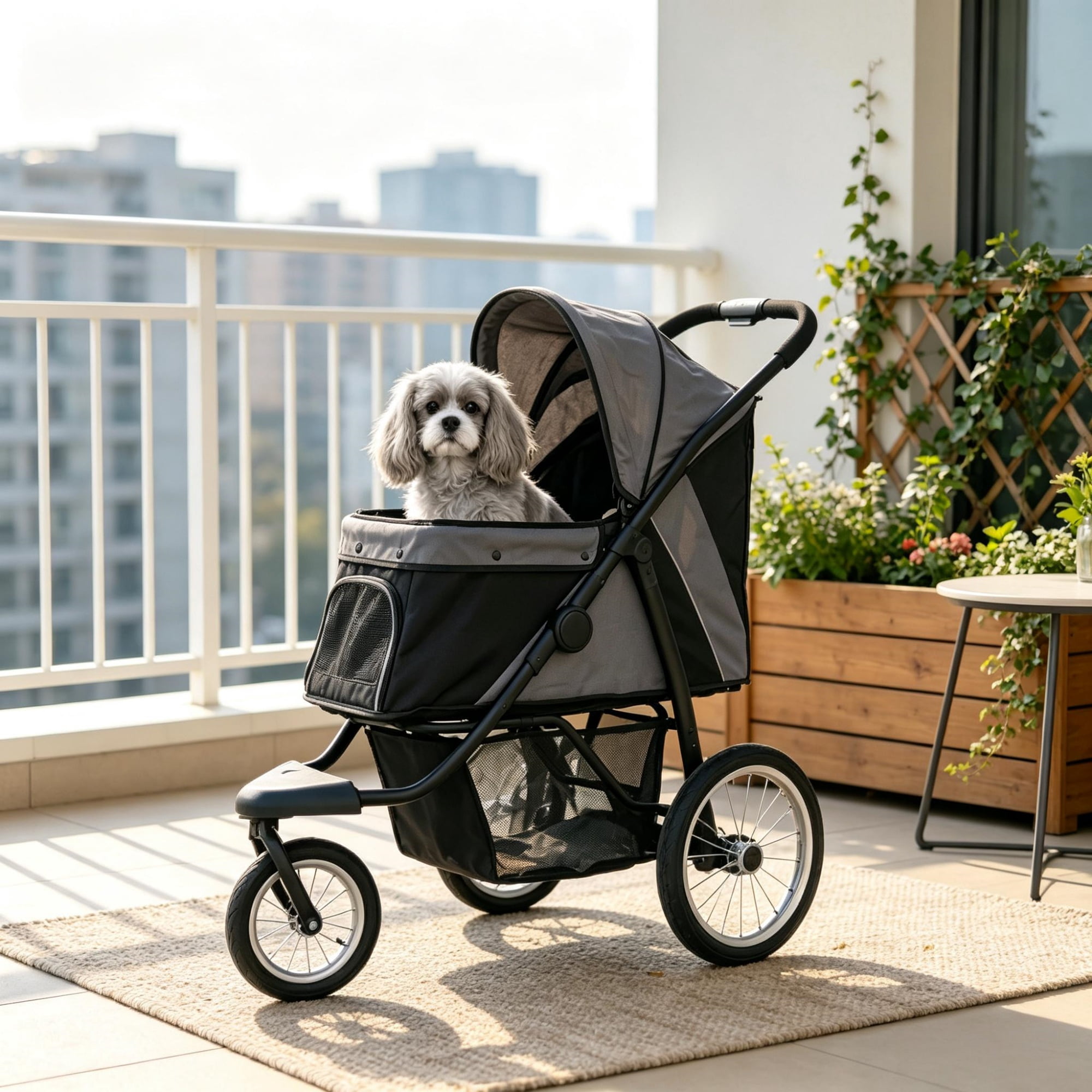 3-Wheel Pet Stroller for Small & Medium Dogs, Adjustable Canopy, Safety Tether, Storage Basket, Gray