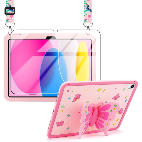 SURJDE for iPad 10th Generation Case Kids Pink iPad 10.9 Case with Screen Protector/3D Butterfly Kickstand/Lanyard for Girls, Soft Silicone Shockproof Tablet Protective Cover, 10.9 Inch Pink